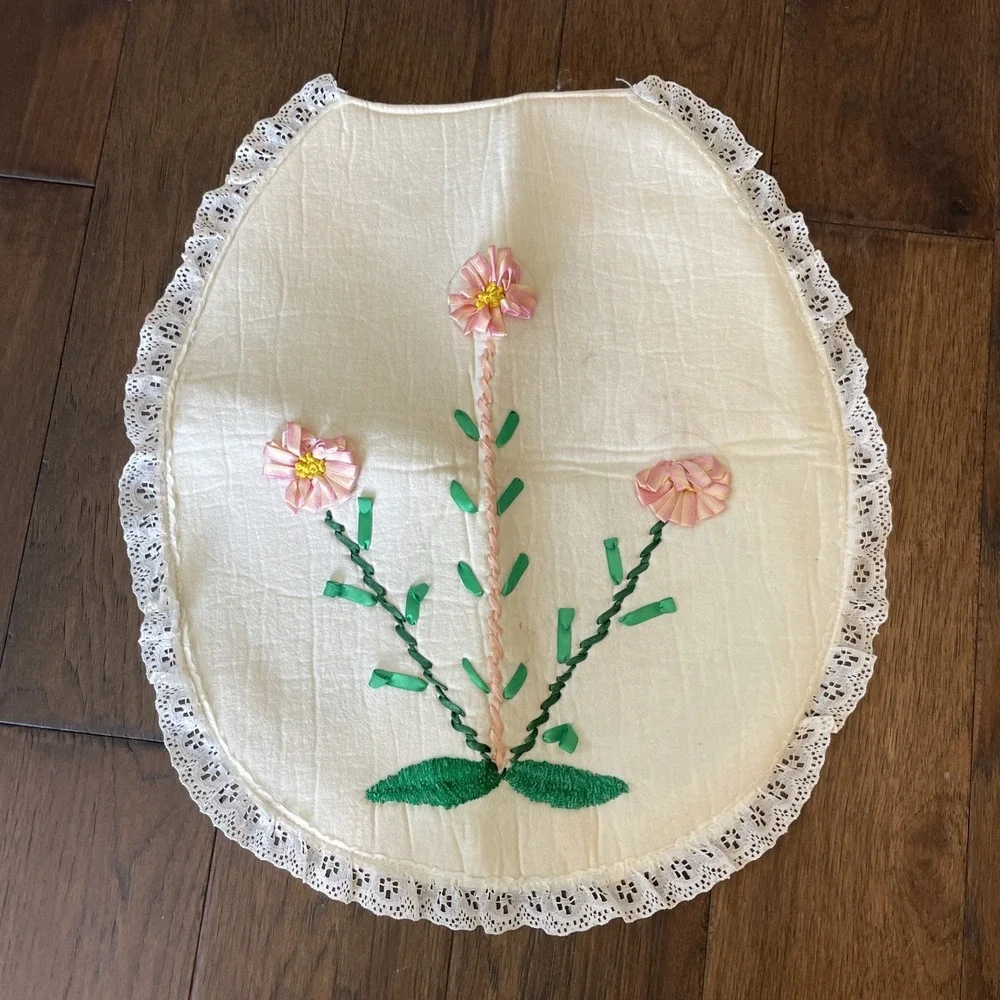 Retro Chenille Toilet Seat Cover‎ White With Pink Flower MCM